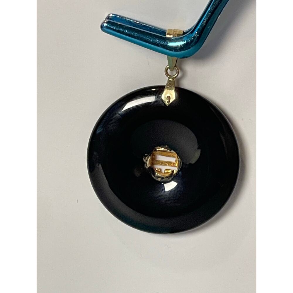 14K Yellow Gold Black Onyx Asian Longevity Symbol Pendant - Picture 7 of 9